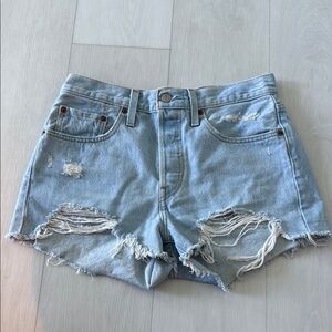 Levi 501 Distressed Light Blue Denim Shorts